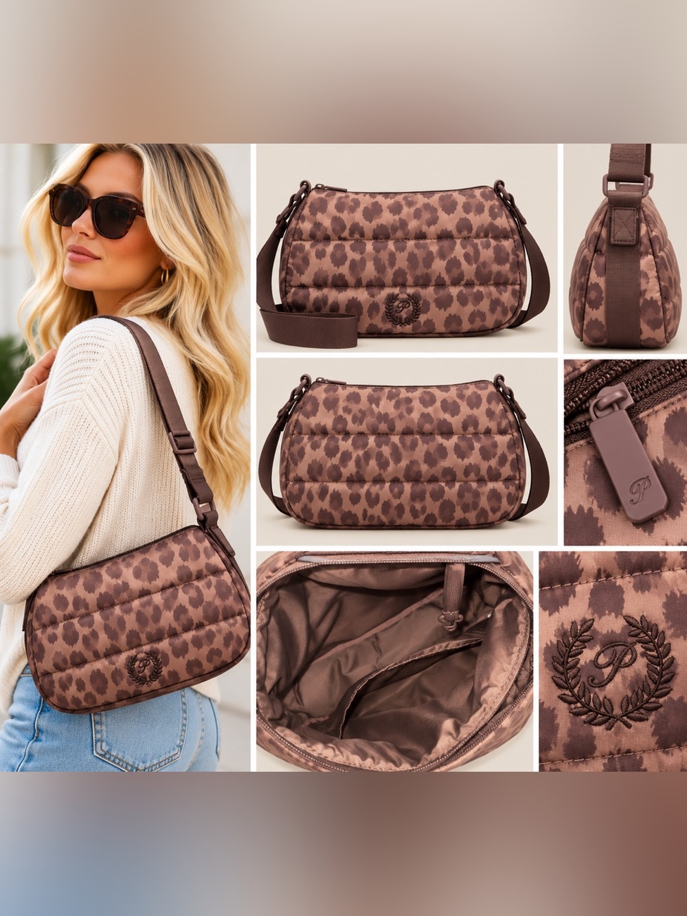 Victorias Secret PINK Leopard Quilted Crossbody Bag - Brown